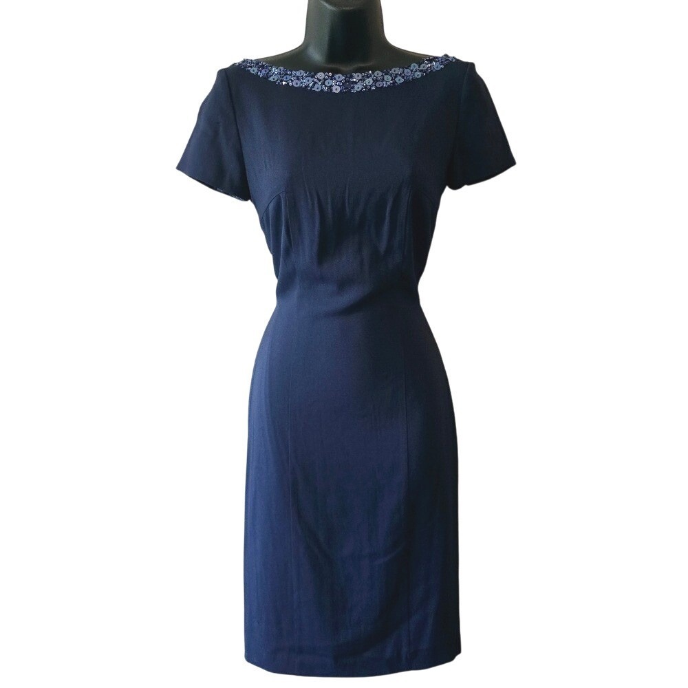 Blugirl Blumarine Navy Blue Sequin Neck Sheath Dress V-Back 1468 TG 40 US 4